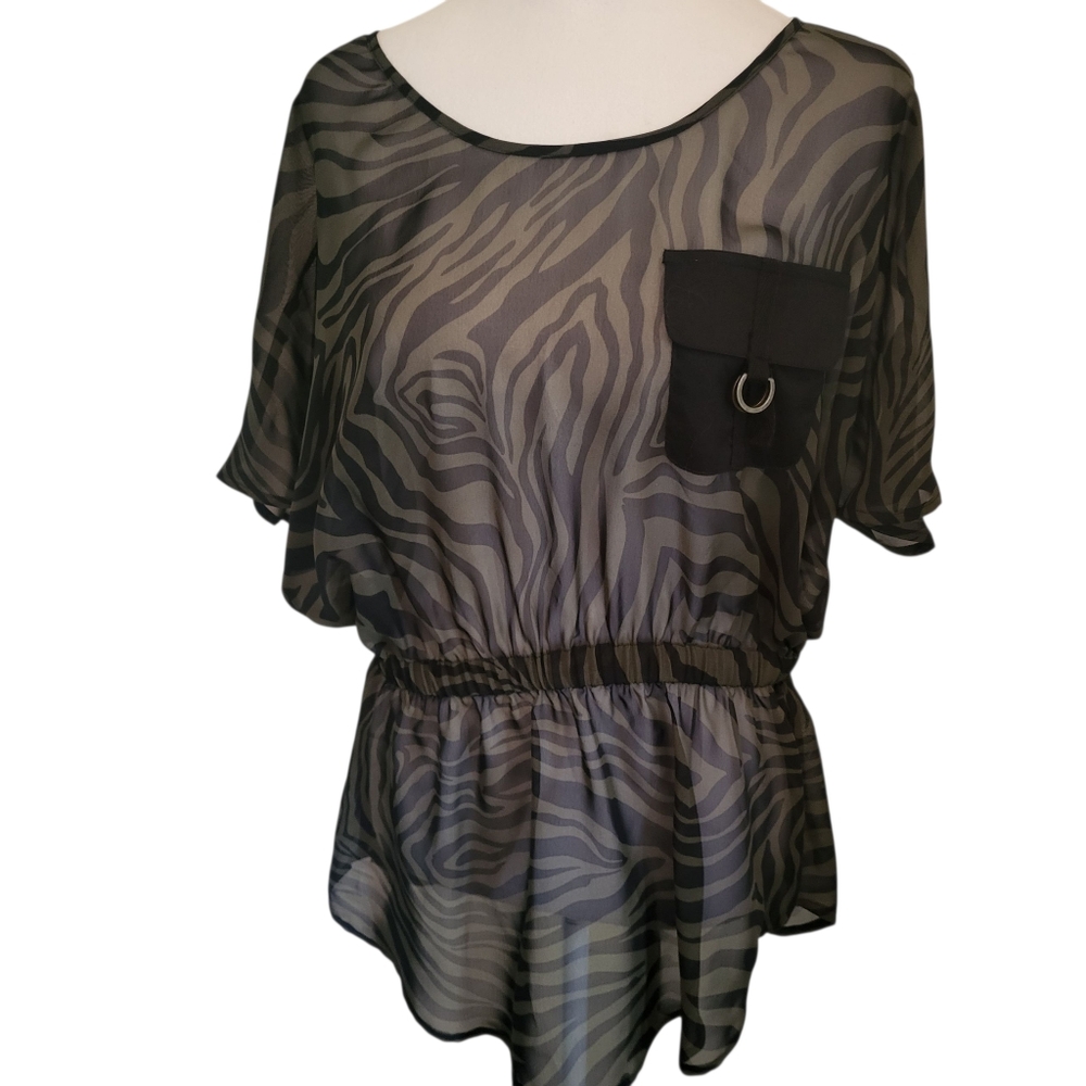 Bisou Bisou Zebra Blouse Green/Black Sz M